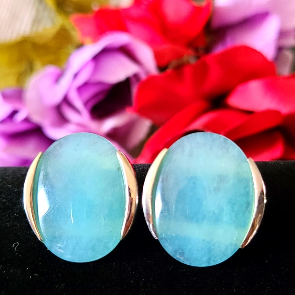 Vintage Turquoise Jadeite Oval Silver Earrings